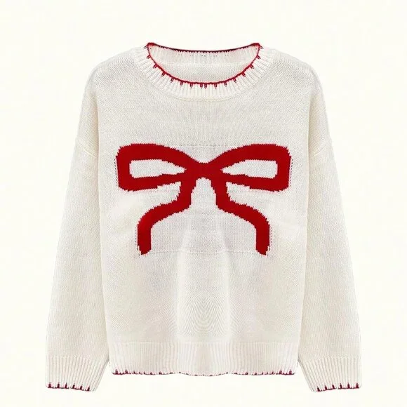 White Casual Women's Butterfly Knit Jacquard Long Sleeve Pullover Sweater - Picture 5 of 6